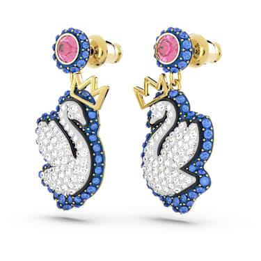 Swan 水滴形耳环, 天鹅, 蓝色, 镀金色调 - Swarovski, 5649196