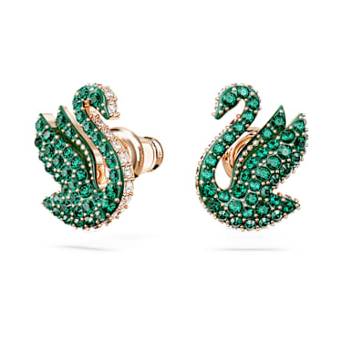Clous d'oreilles Swan, Cygne, Vertes, Placage de ton or rosé - Swarovski, 5650063
