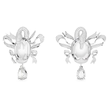Fashion Swan clip earrings, Swan, White, Rhodium plated - Swarovski, 5650895