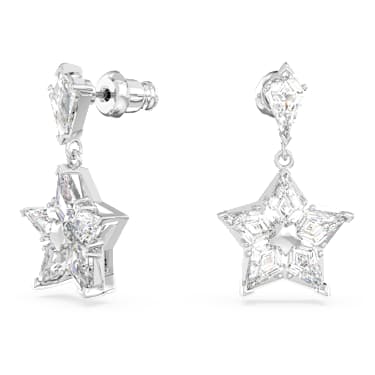 Stella Oorhangers, Kite-slijpvorm, Ster, Wit, Rodium toplaag - Swarovski, 5652002