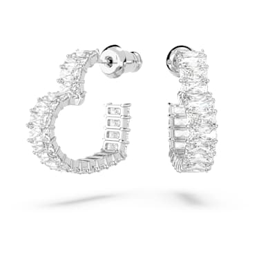 Matrix hoop earrings, Baguette cut, Heart, Small, White, Rhodium plated - Swarovski, 5653170