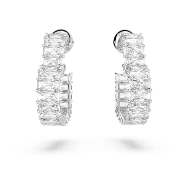 Orecchini a cerchio Matrix, Taglio baguette, Cuore, Piccoli, Bianchi, Placcato rodio - Swarovski, 5653170