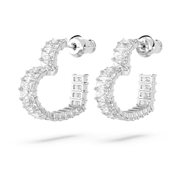 Orecchini a cerchio Matrix, Taglio baguette, Cuore, Piccoli, Bianchi, Placcato rodio - Swarovski, 5653170