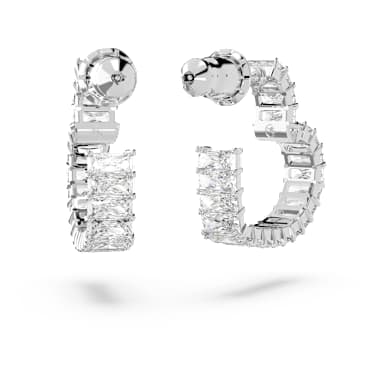 Orecchini a cerchio Matrix, Taglio baguette, Cuore, Piccoli, Bianchi, Placcato rodio - Swarovski, 5653170
