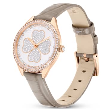 Ročna ura Attract, Izdelano v Švici, Deteljica, Usnjeni jermen, Siva, Prevleka v rožnato zlatem odtenku - Swarovski, 5653350