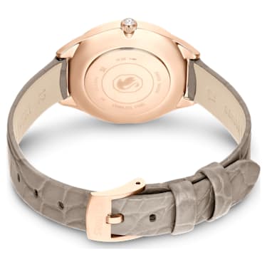Attract watch, Swiss Made, Clover, Leather strap, Gray, Rose gold-tone finish - Swarovski, 5653350
