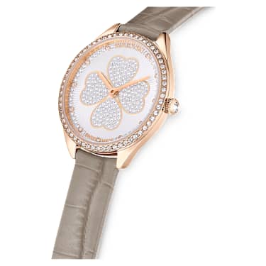 Ročna ura Attract, Izdelano v Švici, Deteljica, Usnjeni jermen, Siva, Prevleka v rožnato zlatem odtenku - Swarovski, 5653350