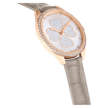 Attract watch, Swiss Made, Clover, Leather strap, Gray, Rose gold-tone finish - Swarovski, 5653350