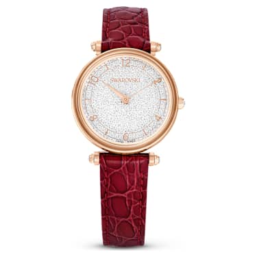 Hodinky Crystalline Wonder, Vyrobeno ve Švýcarsku, Kožený řemínek, Červená, Povrchová úprava v růžovozlatém odstínu - Swarovski, 5656905