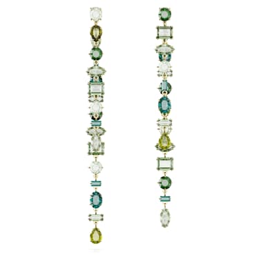 Pendientes Gema, Diseño asimétrico, Tallas mixtas, Extralargos, Verdes, Baño tono oro - Swarovski, 5657390