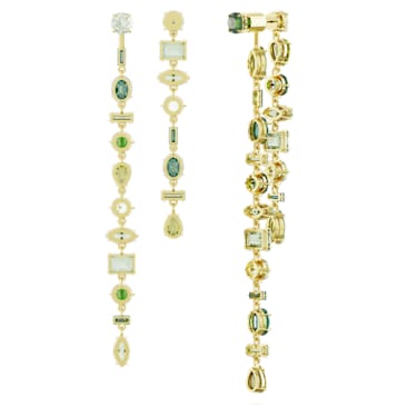 Gema drop earrings, Asymmetrical design, Mixed cuts, Extra long, Green, Gold-tone plated - Swarovski, 5657390