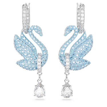 Swarovski Iconic Swan ドロップピアス, スワン, ブルー, ロジウム・プレーティング