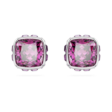 Birthstone stud earrings, Square cut, February, Purple, Rhodium plated - Swarovski, 5660797