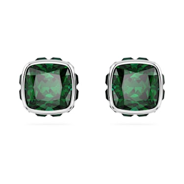 Birthstone stud earrings, Square cut, May, Green, Rhodium plated - Swarovski, 5660801