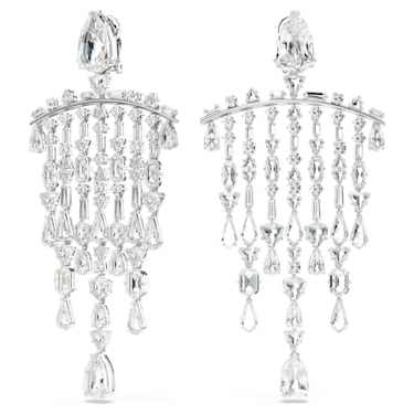 Mesmera clip earrings, Mixed cuts, Chandelier, Extra long, White, Rhodium plated - Swarovski, 5661686