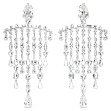 Mesmera clip earrings, Mixed cuts, Chandelier, Extra long, White, Rhodium plated - Swarovski, 5661686