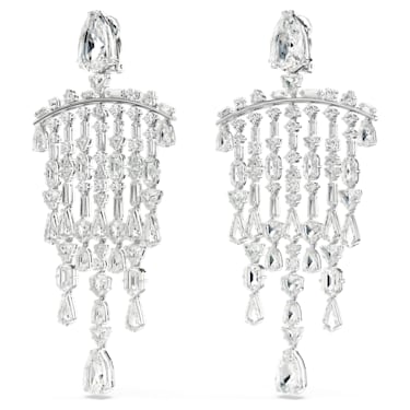 Mesmera clip earrings, Mixed cuts, Chandelier, Extra long, White, Rhodium plated - Swarovski, 5661686