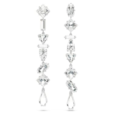 Mesmera drop earrings, Asymmetrical design, Mixed cuts, Long, White, Rhodium plated - Swarovski, 5661687