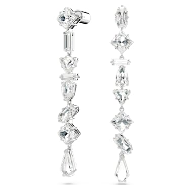Mesmera drop earrings, Asymmetrical design, Mixed cuts, Long, White, Rhodium plated - Swarovski, 5661687