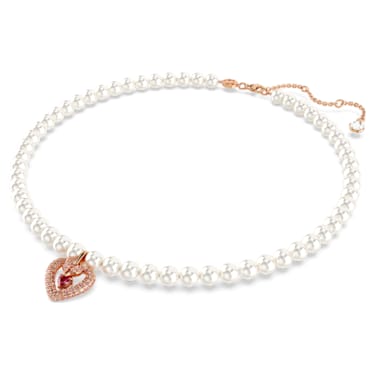 Una necklace, Crystal pearl, Heart, Pink, Rose gold-tone plated 