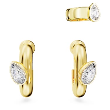 Dextera hoop earrings with ear cuff, Set (3), Pear cut, White, Gold-tone plated - Swarovski, 5663262