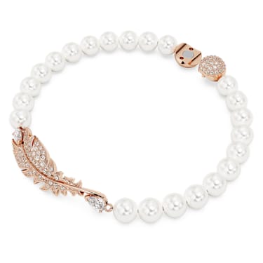Bracelet Idyllia, Perle de cristal, Plume, Blanc, Doré à l’or rose 18 carats (750/1000) - Swarovski, 5663480