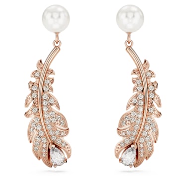 Pendants d'oreilles Idyllia, Perle de cristal, Tailles variées, Plume, Blanches, Doré à l’or rose 18 carats (750/1000) - Swarovski, 5663487