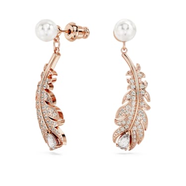 Idyllia Drop-Ohrhänger, Kristallperle, Verschiedene Schliffe, Feder, Weiß, 18K Roségoldbeschichtet - Swarovski, 5663487