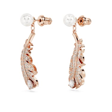 Idyllia Drop-Ohrhänger, Kristallperle, Verschiedene Schliffe, Feder, Weiß, 18K Roségoldbeschichtet - Swarovski, 5663487