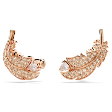 Nice stud earrings, Feather, White, Rose gold-tone plated | Swarovski