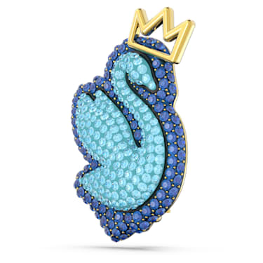 Swan 胸針, 天鵝, 藍色, 鍍金色色調 - Swarovski, 5663540