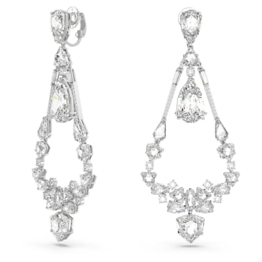 Mesmera clip earrings, Mixed cuts, Chandelier, Long, White, Rhodium plated - Swarovski, 5665827