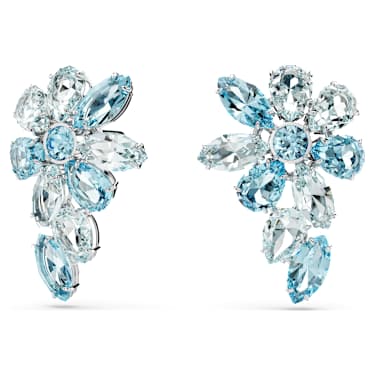 Gema damla küpeler, Karışık kesimler, Çiçek, Mavi, Rodyum kaplama - Swarovski, 5666016