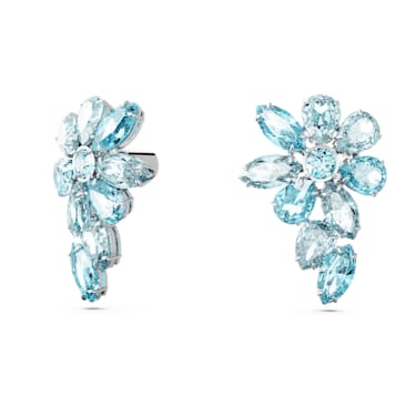 Gema drop earrings, Mixed cuts, Flower, Blue, Rhodium plated - Swarovski, 5666016
