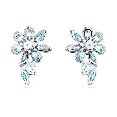 Gema damla küpeler, Karışık kesimler, Çiçek, Mavi, Rodyum kaplama - Swarovski, 5666016