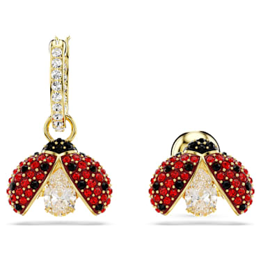 Idyllia drop earrings, Asymmetrical design, Ladybug, Red, Gold-tone plated - Swarovski, 5666131