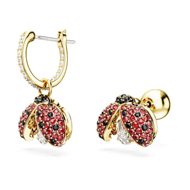 Idyllia drop earrings, Asymmetrical design, Ladybird, Red, Gold-tone plated - Swarovski, 5666131