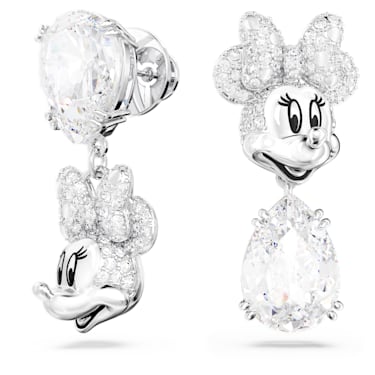 Disney Minnie Mouse drop earrings, Asymmetrical design, White, Rhodium plated - Swarovski, 5668779
