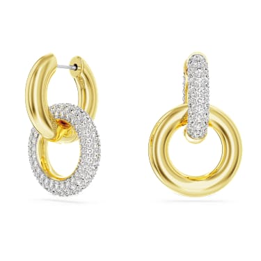 Dextera hoop earrings, Asymmetrical design, Interlocking loop, White, Gold-tone plated - Swarovski, 5668818