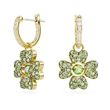 Orecchini pendenti Idyllia, Quadrifoglio, Verdi, Finitura oro 18K - Swarovski, 5670664
