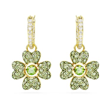 Orecchini pendenti Idyllia, Quadrifoglio, Verdi, Finitura oro 18K - Swarovski, 5670664