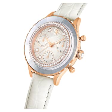 Octea Chrono watch, Swiss Made, Leather strap, White, Rose gold-tone finish - Swarovski, 5671150