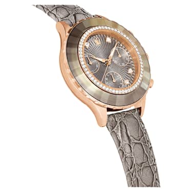 Octea Chrono watch, Swiss Made, Leather strap, Grey, Rose gold-tone finish - Swarovski, 5671153
