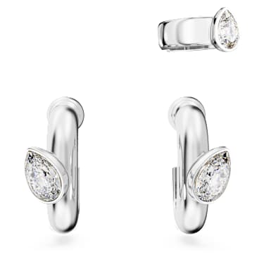 Imber hoop earrings with ear cuff, Set (3), Pear cut, White, Rhodium plated - Swarovski, 5671192