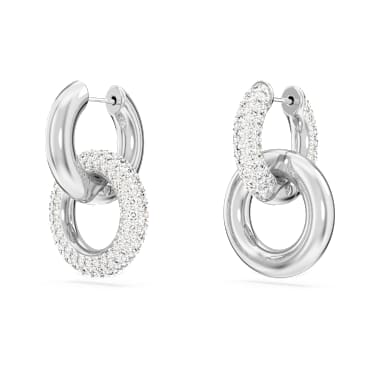 Dextera 후프 이어링, 비대칭 디자인, 인터로킹 루프, 화이트, 로듐 플래팅 - Swarovski, 5671807
