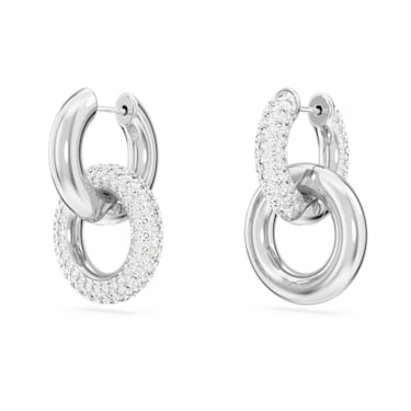 Dextera hoop earrings, Asymmetrical design, Interlocking loop, White, Rhodium plated - Swarovski, 5671807