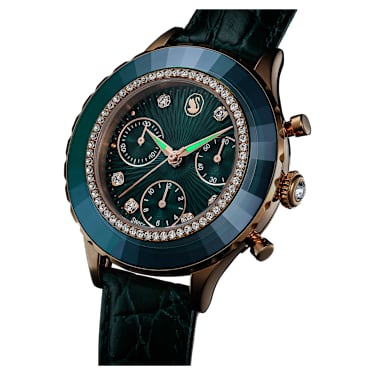 Octea Chrono Uhr, Schweizer Produktion, Lederarmband, Grün, Roségoldfarbenes Finish - Swarovski, 5672931