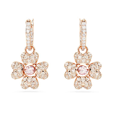 Brincos compridos Idyllia, Trevo de quatro folhas, Branco, Lacado a rosa dourado - Swarovski, 5674212