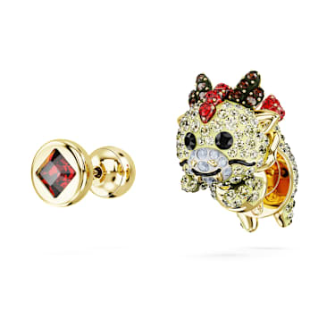 Chinese Zodiac stud earrings, Asymmetrical design, Dragon, Yellow,  Gold-tone plated