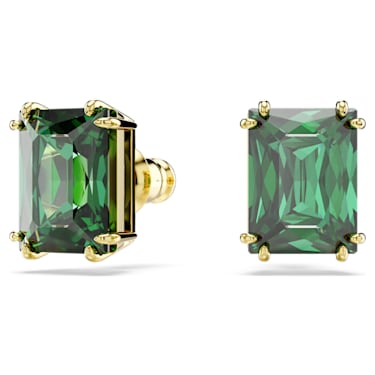 Matrix stud earrings, Rectangular cut, Green, Gold-tone plated 